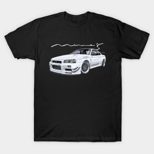 JDM Car r34 GTR WHITE V-SPEC II N1 bnr Godzilla Mine’s modified T-Shirt